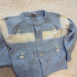 Quiltex Light Blue Baby Cardigan with White Stripe and Duck Embroidery